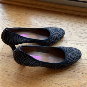 Size 38 1/2 pumps; zebra stripe taupe/ black.
